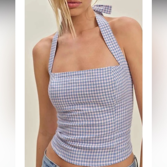 Reformation Tops - Reformation Malika Linen Top stellar check